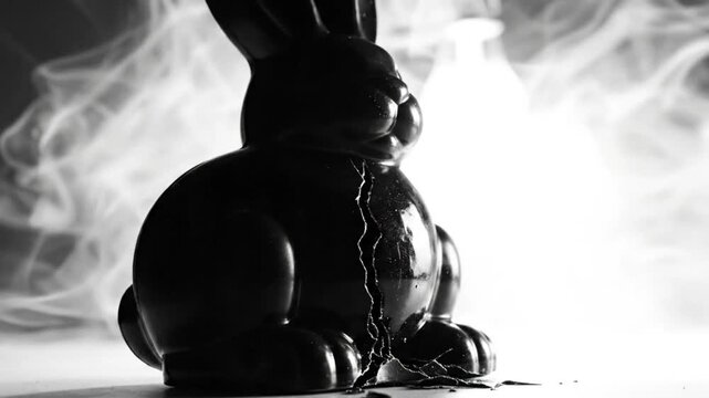 Black rabbit figurine cracking with fine lines against soft white and grey smoke background