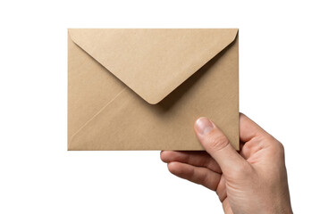 Fototapeta premium Hand holding a closed brown kraft paper envelope for mailing. Isolated on transparent background, png