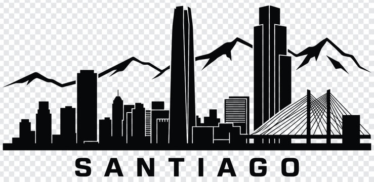 Black and white santiago city skyline with mountains and bridge silhouette