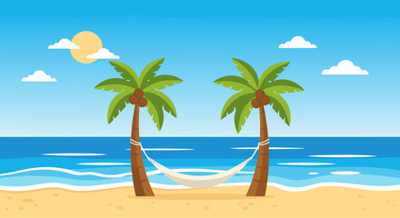 Obraz premium Hammock strung between palm trees on sandy beach shoreline