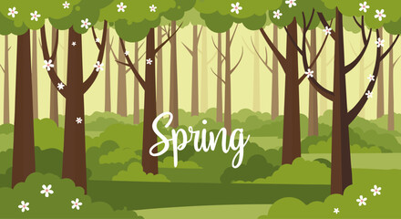 Fototapeta premium Spring forest with flowering trees and green undergrowth