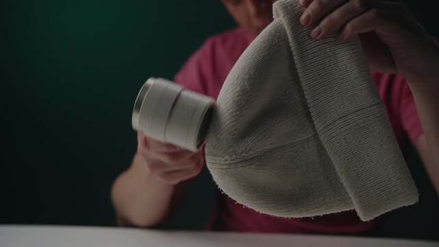 Man using electric lint remover machine on beanie, removing fabric pills and fuzz for clothing maintenance and textile care at home. Concept of effective fabric care and maintenance, close-up.