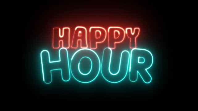 Bright neon &ldquo;Happy Hour&rdquo; sign with luminous glow and haze effect, vibrant bar, nightlife, and promotion concept. Happy Hour neon sign. Happy Hour text font with light. Luminous and shimmering haze ins