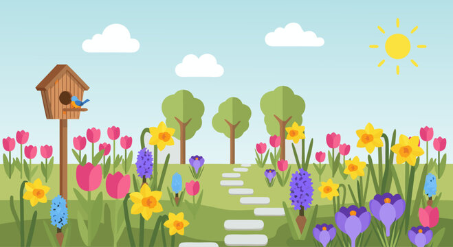 Spring garden with colorful flowers stepping stones and bird house