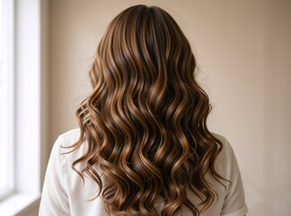 Fototapeta premium Back view of woman with long wavy brown hair. Voluminous hairstyle with golden highlights and balayage. Professional hair styling and color concept