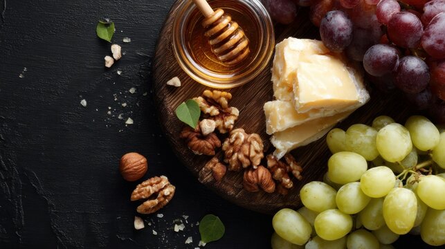Honey, grapes, and nuts sit on a cheese plate. It rests on a black wooden table, viewed from above. Space is available for your words.