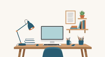 Fototapeta premium Minimal home office desk setup with computer and lamp