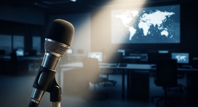 Professional microphone with ""PRESS"" label in a modern newsroom with world map display
