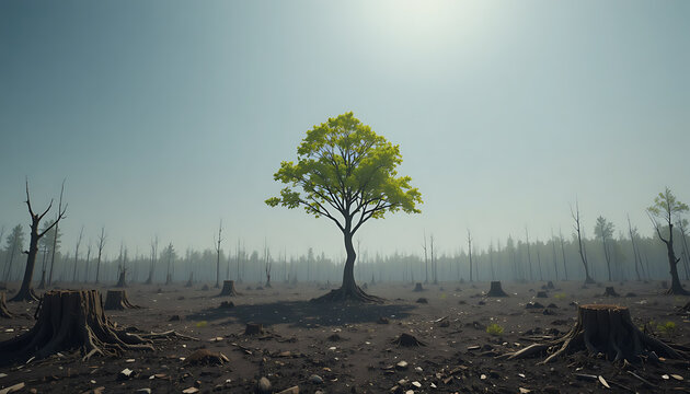 Solitary green tree in misty deforested field under soft sunlight