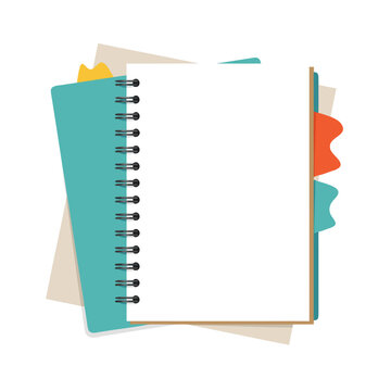 Spiral notebook open with blank pages and colored tabs on white background