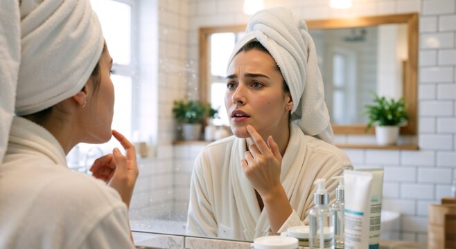Young woman in bathrobe examining her skin in bathroom mirror. Female touching chin looking at blemish or acne. Skincare and dermatology concept