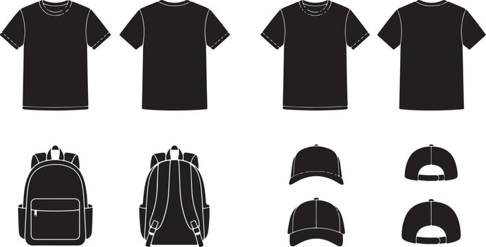 Set of black vector silhouettes featuring blank t-shirts backpacks and baseball caps from front and back views for apparel design mockups