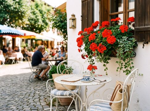 Outdoor cafe table with coffee and red geraniums on a cobblestone street. European bistro setting in a quaint village. Summer travel and leisure concept