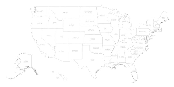 This map displays the United States with all states labeled. The map includes Alaska and Hawaii, providing a full view of the country. It is in a simple vector format.