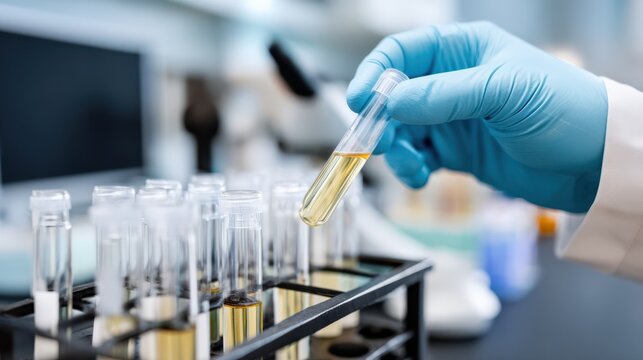 Close up of gloved hand placing blood-filled test tube into rack in laboratory setting