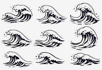 Fototapeta premium Big ocean wave hand drawn illustration powerful sea surf design