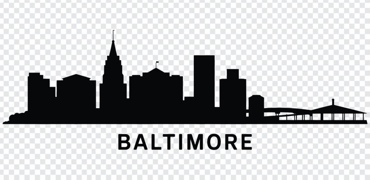 Black silhouette of baltimore city skyline with prominent buildings and bridge