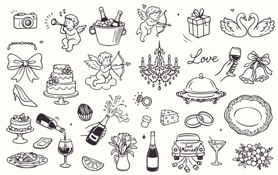 Wedding doodle set love elements hand drawn bride groom icons collection