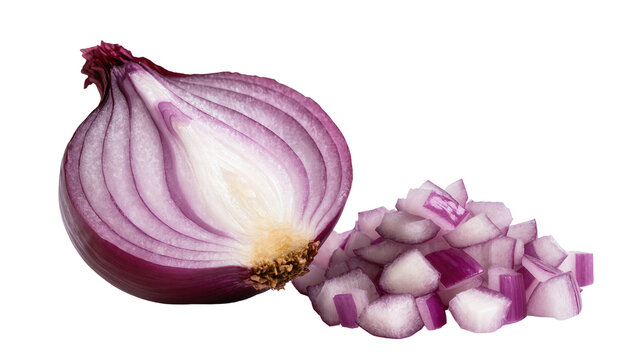 Half red onion next to pile of diced red onion, isolated on transparent background