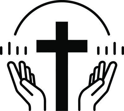 Christian cross with praying hands icon, religious faith vector, black church symbol