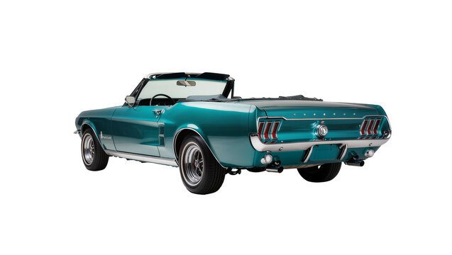 Teal 1967 Ford Mustang convertible classic car rear view, isolated on transparent background
