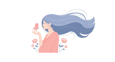 Obraz premium Flat illustration of woman with long hair, holding bird, flowers, minimalist style vector graphic