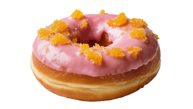 Pink frosted donut with orange candy pieces, isolated on transparent background