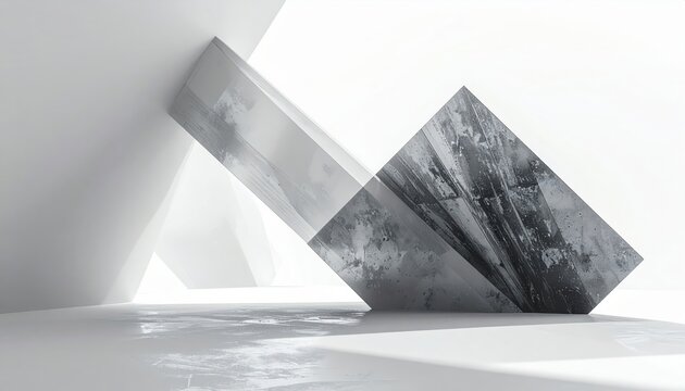 Abstract geometric shapes demonstrating quantum superposition state in a minimalist architectural environment with sharp light and shadows.