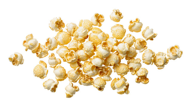 Golden brown popcorn kernels scattered, isolated on transparent background
