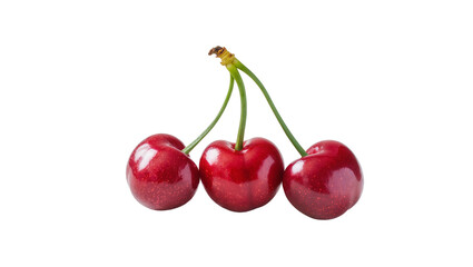 Obraz premium Three ripe red cherries with green stems, isolated on transparent background