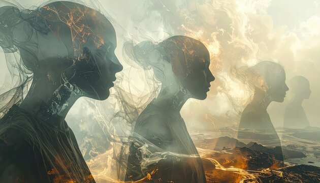 Ethereal abstract visualization of quantum superposition featuring two overlapping human profiles amidst swirling golden energy and smoke, representing interconnected existence.