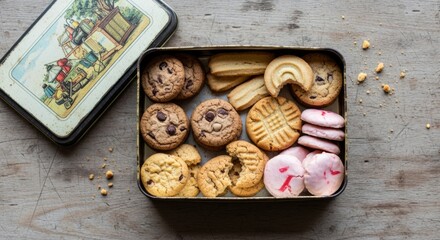 Fototapeta premium Assorted Cookies in Vintage Tin Box on Wooden Table