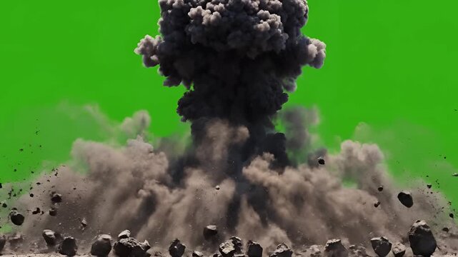 Explosion with debris and smoke on green screen background.