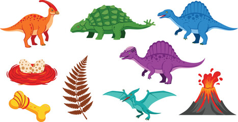 Dinosaurs and Prehistoric Life Vector Set with Fossils, Volcano, Eggs, Dinosaurs, and Fern Icons for Digital, Web, and Print Media Designs © MstFiroza