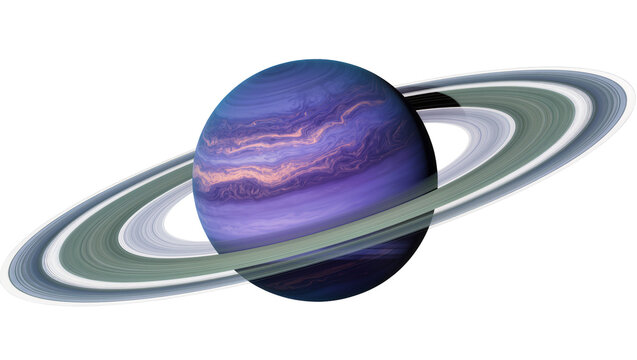 Purple gas giant planet with detailed swirling clouds and multiple rings, isolated on transparent background