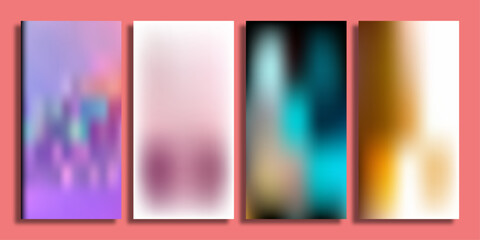 Fototapeta premium Abstract blurred gradient background set, 4 colorful mesh texture vertical banners, vibrant holographic and soft pastel aesthetic backdrops for mobile apps