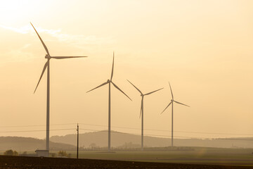 Fototapeta premium Wind turbines stand in a field under a golden sky during sunset in a rural area