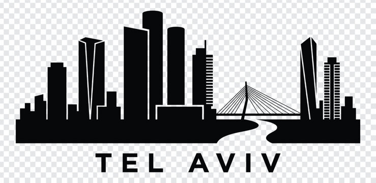 Tel aviv city skyline with bridge and river in black silhouette