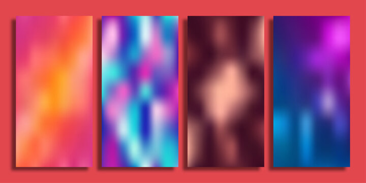 Abstract holographic gradient background set, vibrant neon mesh textures for mobile screens, colorful blurred wallpaper collection in 4 vector banners