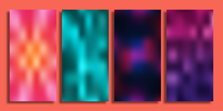 Abstract blurred gradient background set, vibrant neon mesh textures for social media stories, 4 colorful vertical vector banners for mobile app UI