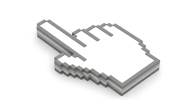 Pixelated computer cursor in the shape of a hand pointing with computer navigation technology interface internet
