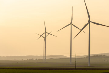 Fototapeta premium Wind turbines stand tall in a field at sunset near a rural area