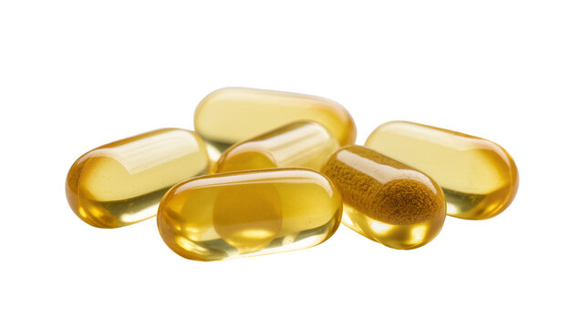 Cluster of golden gelatin capsules containing oil, isolated on transparent background