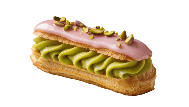 Pink glazed pistachio eclair with green cream filling, isolated on transparent background