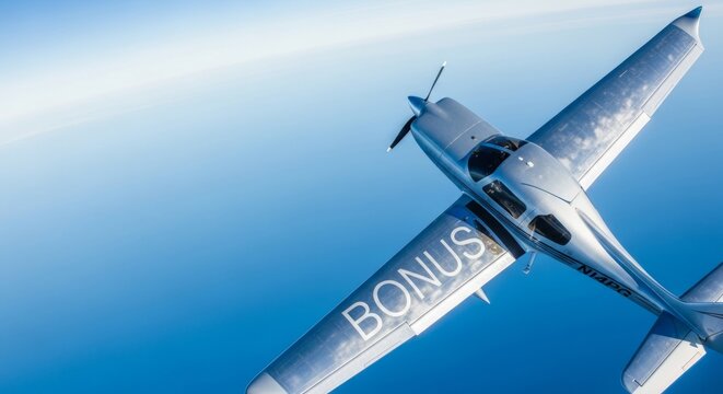 Silver Airplane with BONUS Text Flying in Blue Sky