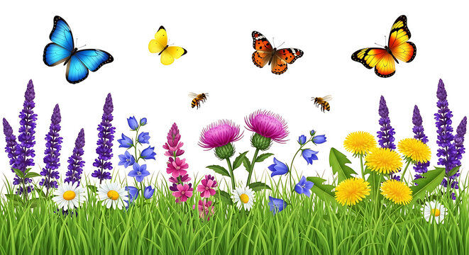 Colorful meadow with butterflies bees blooming flowers butterflies wildflowers blooming colorful butterfly pollination serenity outdoors