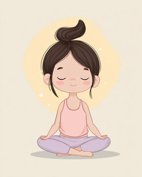 A cheerful cartoon girl with simple, rounded shapes and soft, pastel colors in a Lotus Pose. Her face shows a calm, smiling expression with closed eyes and small rosy cheeks.