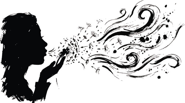 Woman blowing dandelion seeds in the wind Vector
