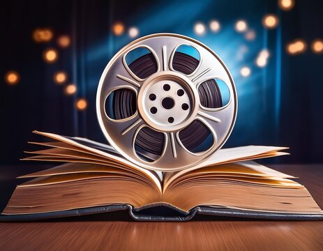 an open book with a film reel on top symbolizing the connection between literature and film adaptation