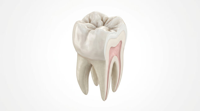 Anatomical cross section of a human molar tooth. 3d medical illustration showing enamel dentin and pulp cavity